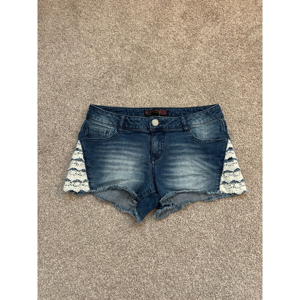 No Boundaries Denim Shorts Juniors 9 Blue Excellent Crochet Lace Trim Frayed Hem